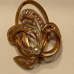 Vintage Brooch signed Western Germany Gold tone with single faux Pearl. Signed